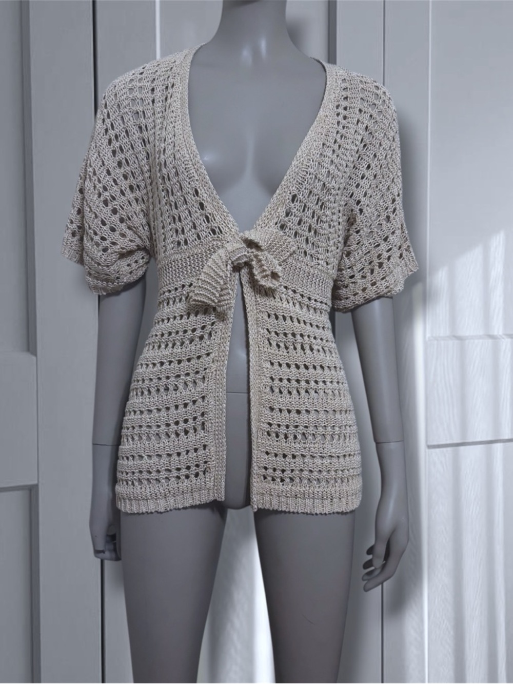 Open Knit Tie-Front Cardigan in Neutral Cream